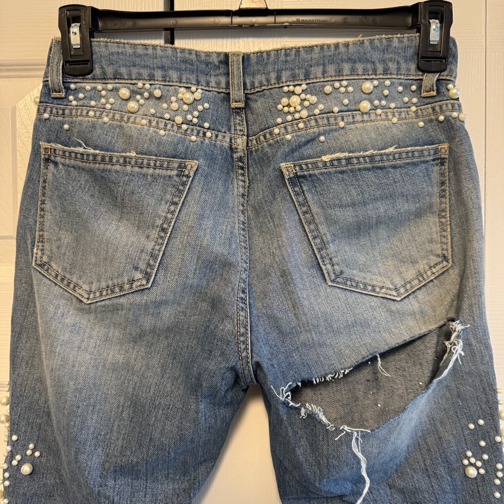 One dress One love Distressed Blue Jeans with Pearl Accents, Size 26-27 - Picture 5 of 9